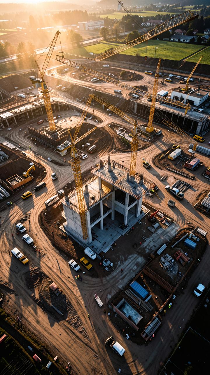 Verticale dronefoto van een werf met torenkranen