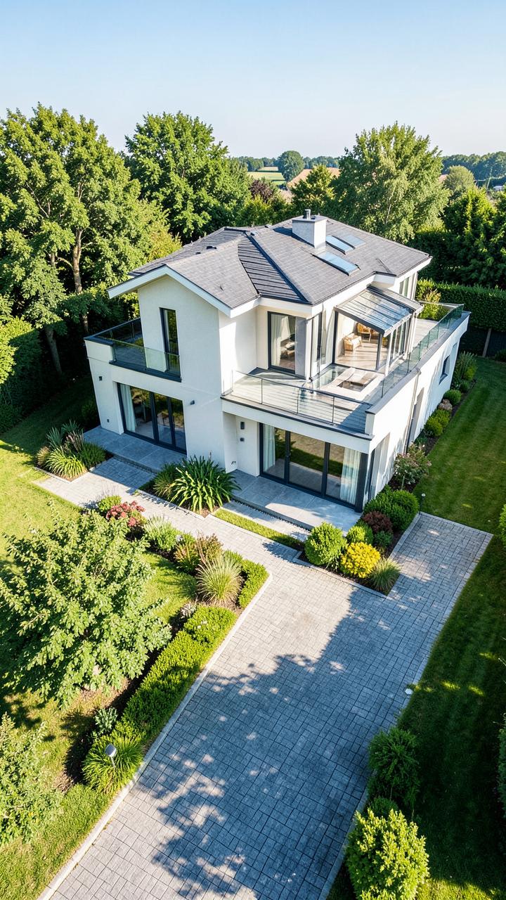 Verticale dronefoto van een villa te koop met tuin en oprit