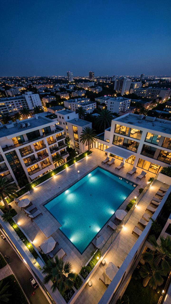 Verticale dronebeelden van een eventlocatie met rooftop terras